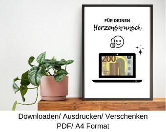 Laptop voucher, birthday gift idea, Christmas gift, cash gift, last-minute birthday gift, DIY template, PDF, download