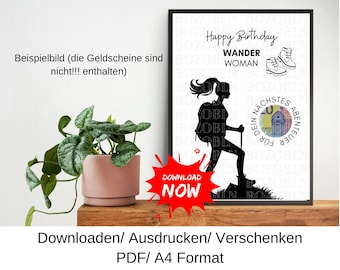 Geldgeschenk Reisen Wandern Berge Vanlife, Wander Woman, Geschenkidee, Last Minute Geburtstagsgeschenk, DIY Vorlage, PDF, Download