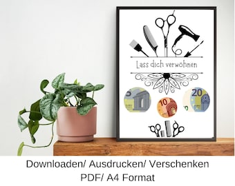 Hairdresser voucher, birthday gift idea, cash gift, last minute birthday gift, DIY template, PDF, download