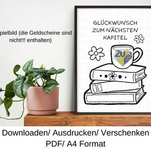 Könnte beinhalten: Eine druckbare Karte mit einer Schwarzweißillustration eines Bücherstapels und einer Kaffeetasse mit dem Text "Glückwunsch zum nächsten Kapitel".