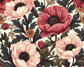 Vintage poppies in watercolor design. Seamless pattern. Digital download only