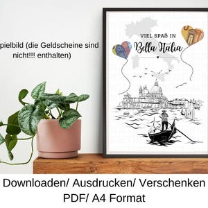 Op de afbeelding: Een zwart-witte printbare illustratie van een gondel in Venetië, Italië. De illustratie bevat de tekst "VIEL SPAR IN Bella Halia". De afbeelding is een printbare PDF in A4-formaat.