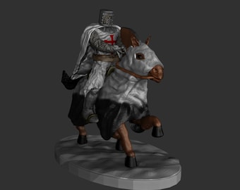 May include: A white and black painted miniature figurine of a knight in white armor riding a white and black horse. The knight is holding a sword and shield. The horse is rearing up on its hind legs. The figurine is on a gray base.
