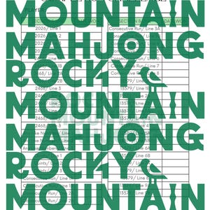 Op de afbeelding: Een groen en wit Mahjong-kaart voltooiingsuitdagingsblad met de woorden "Rocky Mountain Mahjong" verticaal herhaald. Het blad bevat secties voor spelersinformatie en spelresultaten.