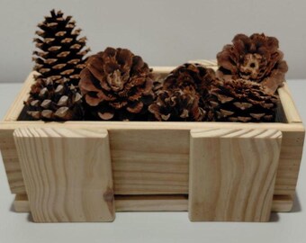 May include: A rectangular light-colored wooden crate filled with several brown pinecones of varying sizes. The crate features a simple construction with vertical wooden slats on the front exterior, showcasing the natural grain and texture of the wood.