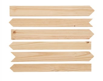 May include: Six unfinished wooden arrow-shaped signs. The signs are made of light-colored wood with visible grain patterns. Each sign has a pointed end, and some have a notched end. The signs are arranged horizontally against a white background.