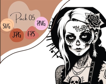 Boho Zombie Woman Vector Art: Tattoo Sublimation Design (Digital Download)