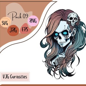 May include: A digital illustration of a woman with a skull face and long, flowing hair. Her hair is a mix of brown and blue, and she has a small skull with flowers on the side of her head. The background is white.