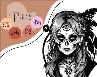 Boho Zombie Hippie Woman Vector Art: Tattoo Sublimation Design (Digital Download)