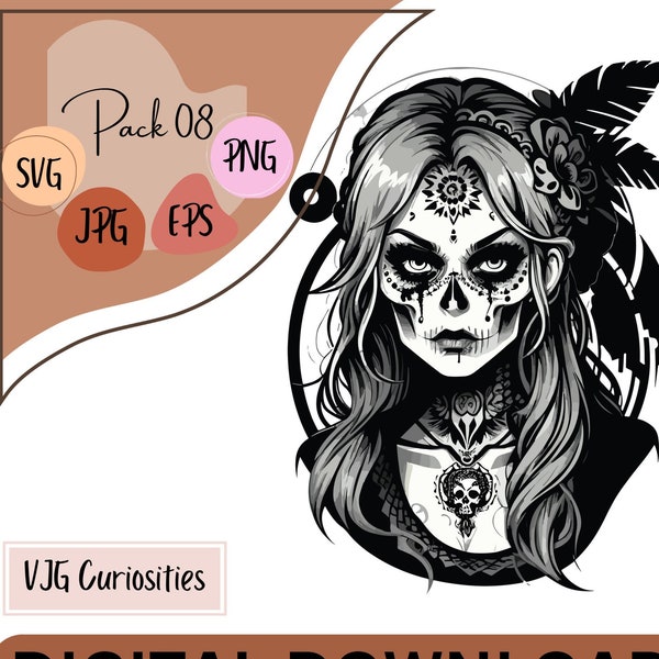 Boho Zombie Hippie Woman Digital Vector Art Download - Svg, Eps, Jpg, Png - Commercial and Personal License! - Tattoo, Sublimation Art