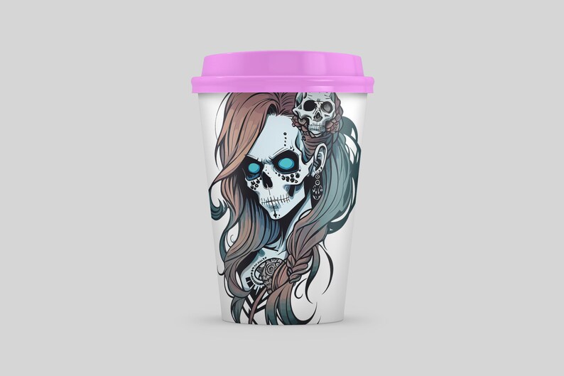 May include: A white travel mug with a pink lid features a colorful illustration of a woman with a skull face and long hair. The skull has blue eyes and is adorned with floral details.
