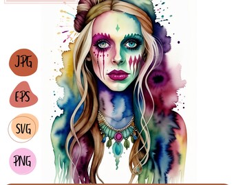 Watercolor Zombie Woman Art: Boho Hippie Digital Download