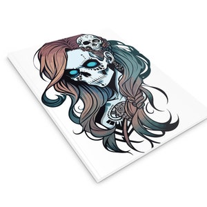 May include: A digital illustration of a woman with a skull face and long, flowing hair. The woman has blue eyes and a skull on her head. The illustration is done in a dark, gothic style.