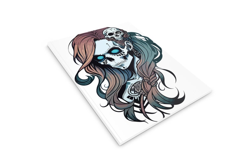 May include: A digital illustration of a woman with a skull face and long, flowing hair. The woman has blue eyes and a skull on her head. The illustration is done in a dark, gothic style.