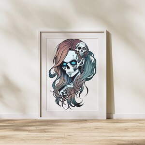 May include: A framed illustration of a woman with a skull face and long, flowing hair. She has a small skull on her head and blue eyes. The background is white.