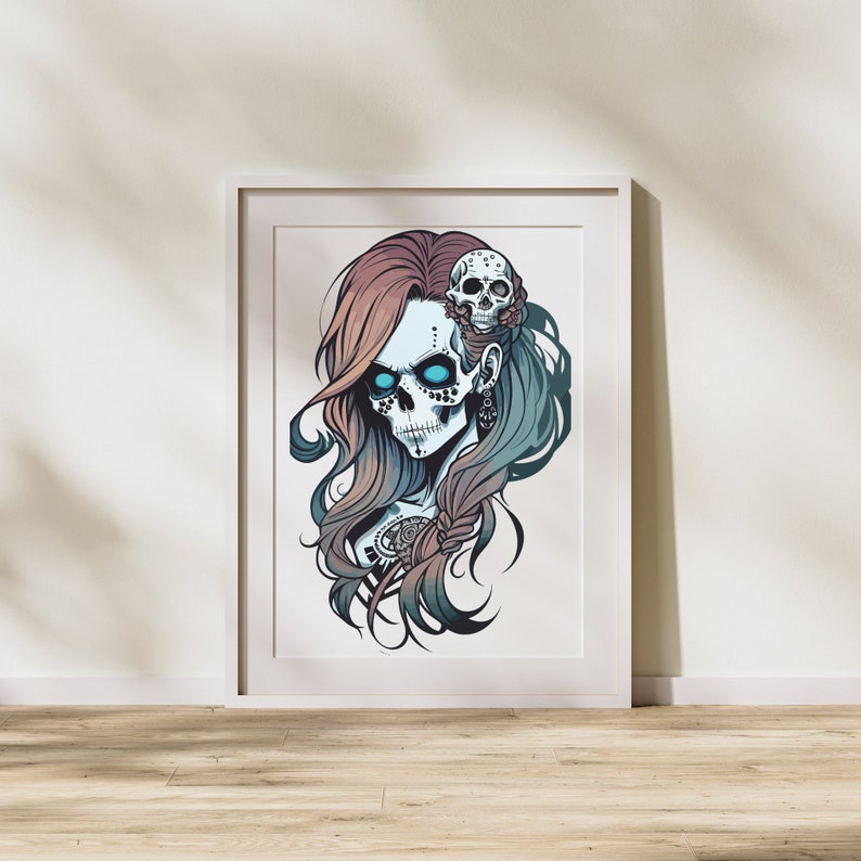 May include: A framed illustration of a woman with a skull face and long, flowing hair. She has a small skull on her head and blue eyes. The background is white.
