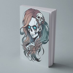 May include: A book cover with an illustration of a woman with a skull face and blue eyes. Her hair is a mix of pink and blue. A smaller skull is on her head.