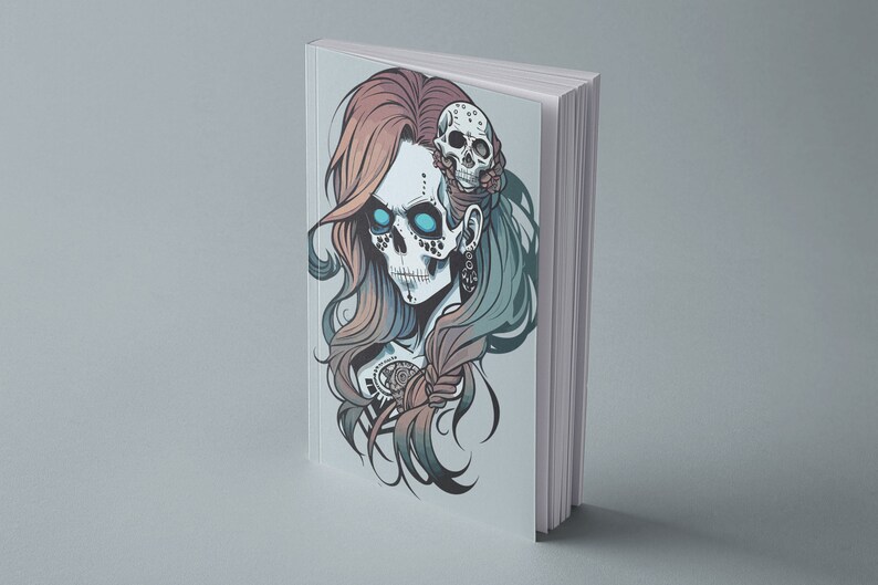 May include: A book cover with an illustration of a woman with a skull face and blue eyes. Her hair is a mix of pink and blue. A smaller skull is on her head.