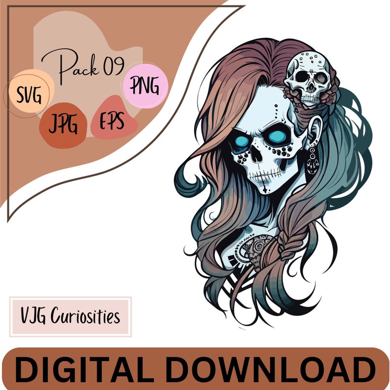 May include: A digital illustration of a woman with a skull face and long, flowing hair. Her hair is a mix of brown and blue, and she has a small skull with flowers on the side of her head. The background is white.
