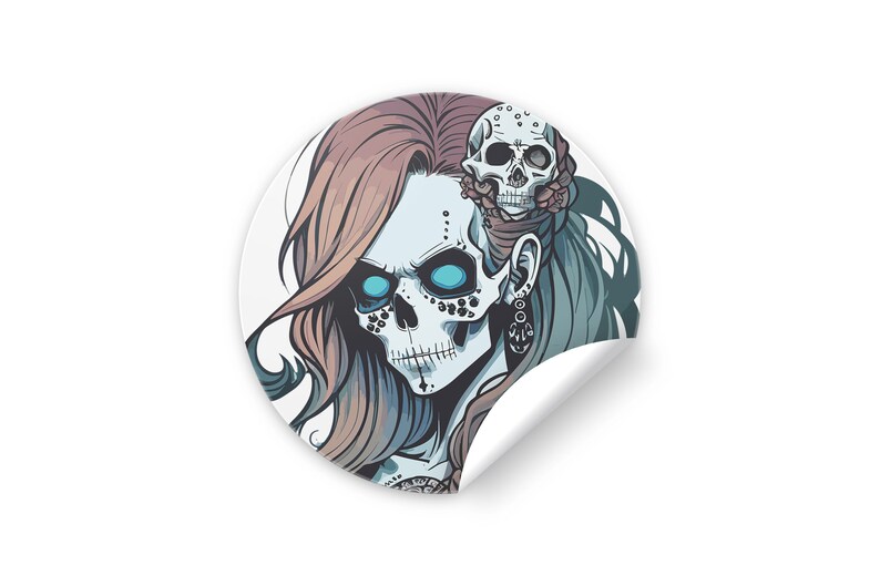 May include: A round sticker with a colorful illustration of a woman with a skull face and a small skull with flowers in her hair.