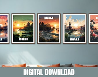 Bali travel posters, Set of 5 travel posters, Bali, Travel wall art print, Travel poster set, Illustration printable digital download
