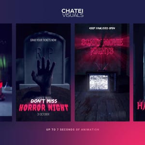 May include: A promotional image for a Halloween event, featuring four panels with spooky themes. The panels include text like "Horror Night," "Scary Movie Nights," and "Halloween Party IV." The overall design uses dark colors and eerie imagery.