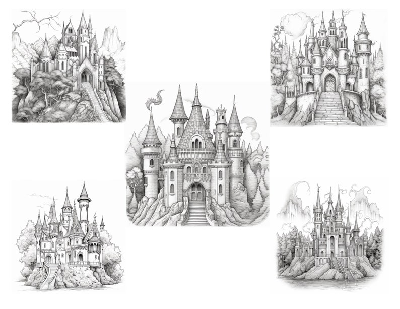 30 Mini Gothic Castles Coloring Page Book, Adults Kids Instant Download