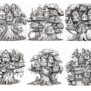 30 Whimsical Treehouse Coloring Page Book, Adults + Kids- Instant