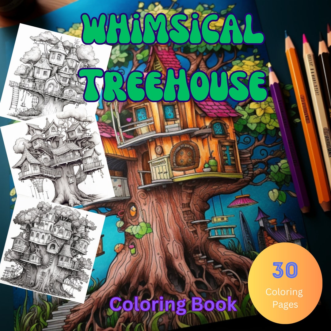30 Whimsical Treehouse Coloring Page Book Adults Kids - Etsy