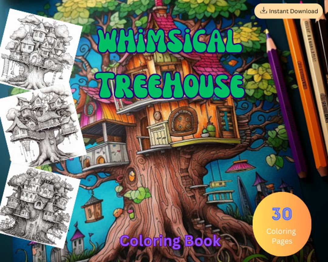30 Whimsical Treehouse Coloring Page Book, Adults + Kids- Instant