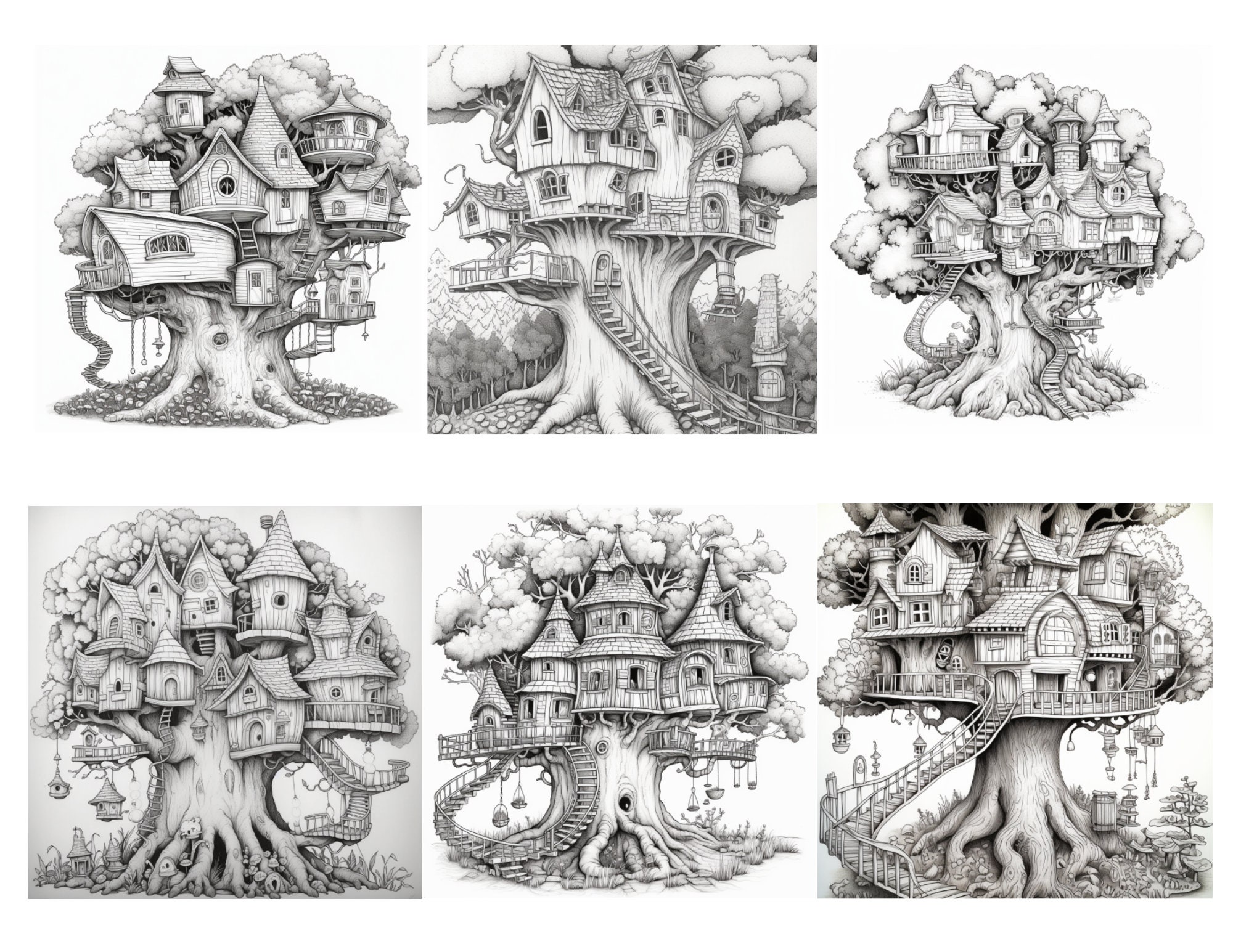 30 Whimsical Treehouse Coloring Page Book, Adults Kids Instant Download
