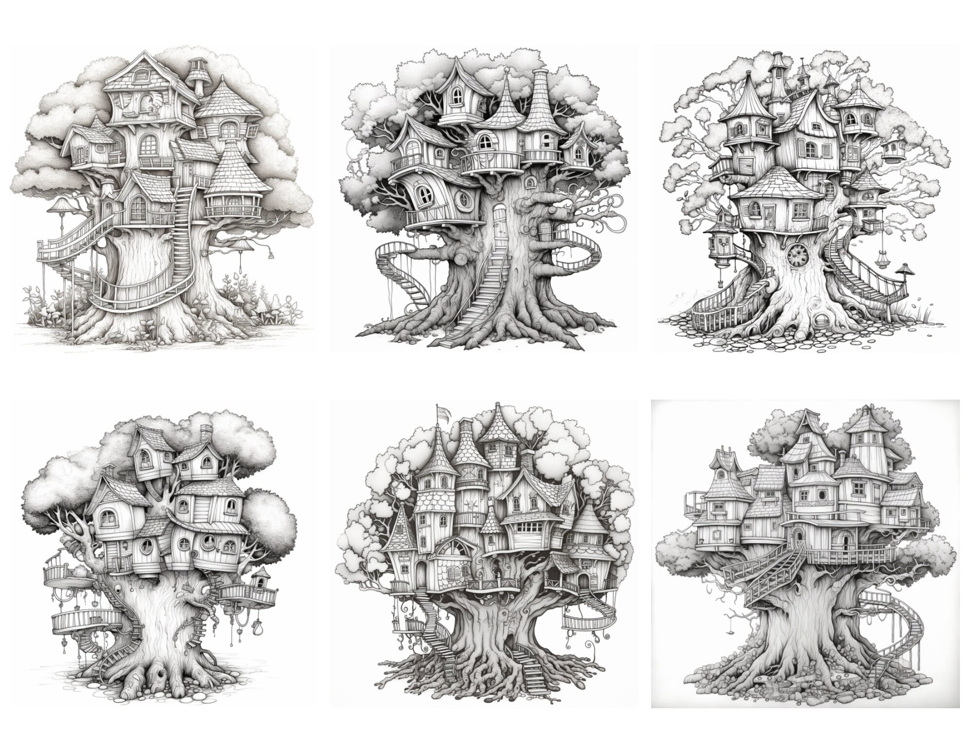 30 Whimsical Treehouse Coloring Page Book, Adults + Kids- Instant