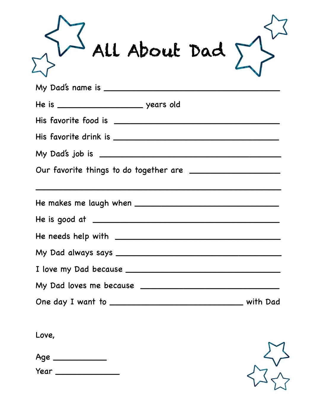 All About Dad Fill In The Blank
