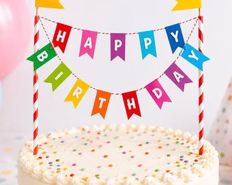 Rainbow Happy Birthday Cake Topper | Colourful Birthday Cake Decoration | Birthday Party Cake Topper | Rainbow Party Decor | Cake Bunting