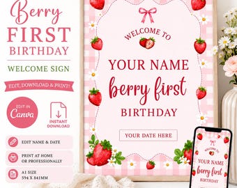 Editable Berry First Birthday Welcome Sign Template | Strawberry First Birthday Welcome Poster | Canva Template | Instant Download