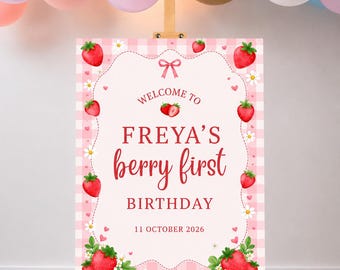 Personalised Berry First Birthday Welcome Sign A1 | Strawberry First Birthday Party Entrance Sign | Printed Welcome Poster with Free Deliver