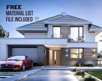 May include: A modern two-storey house with a red car parked in the driveway. The house has a white exterior with grey accents and a tiled roof. The garage door has the number 18 on it.