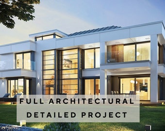 May include: A modern, white two-storey house with large windows and a flat roof. The house has a large grassy lawn in front of it. The text "FULL ARCHITECTURAL DETAILED PROJECT" is superimposed on the image.