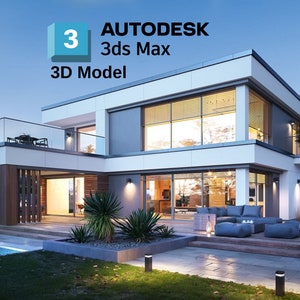 Könnte beinhalten: Ein 3D-Modell eines modernen, weißen Hauses mit einem Swimmingpool und einer Terrasse. Das Haus hat große Fenster und ein Flachdach. Die Terrasse hat eine Holzterrasse und eine Reihe von Gartenmöbeln. Das Haus ist nachts beleuchtet.