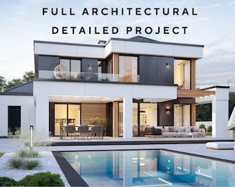 Full Detailed Contemporary House Plan 16m x 18m- Modern Floor Plans, 3 Bedroom 231 m2, w/ Sauna, Bedroom, Garage, Office + Material List