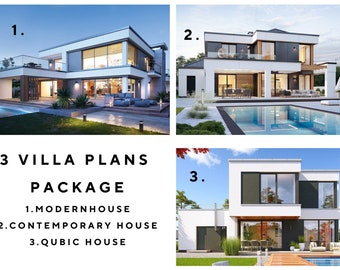 Paquete de 3 Villas - Plano de Casa Moderna 15m x 23m - Plano de Casa Contemporánea 16m x 18m - Plano de Casa Qubic 12m x 16m - 3 archivos PDF
