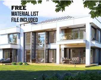 May include: A white modern house with large windows and a balcony. The house has a flat roof and a green lawn in front of it. The text "FREE MATERIAL LIST FILE INCLUDED" is displayed at the top of the image.