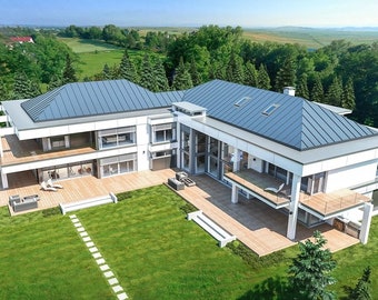 May include: A modern, white, two-storey house with a flat roof and large windows. The house has a large deck and a grassy lawn.