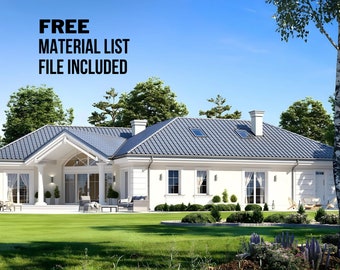 May include: A white, single-storey house with a grey roof and a large, covered patio. The house has a large garden with green grass and a few trees. The text "FREE MATERIAL LIST FILE INCLUDED" is displayed at the top of the image.