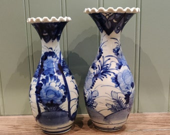 青白磁の山水画花瓶 ヴィンテージ 日本製 城山窯 青白磁 花瓶 10.75インチ 六角形 生け花用
