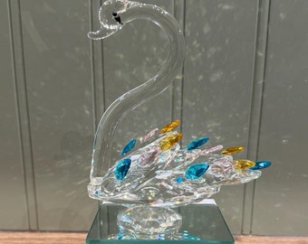 Crystal Swan Figurine with Colored Glass Gems