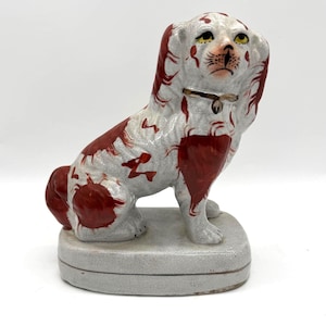Antique Staffordshire Spaniel Dog Figurine: Hand-Painted Victorian Mantel Decor
