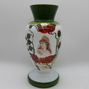 Antique French Opaline Vase with Lady Portrait and Poppy Motif, Hand-Painted, ca. 1900