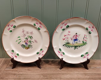 Pair of 19th century earthenware plates with Asian decor - Asian inspired decorative plates - Handpainted