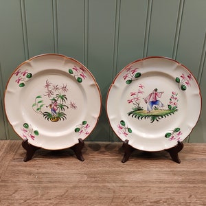 Pair of 19th century earthenware plates with Asian decor Asian inspired decorative plates Handpainted image 1